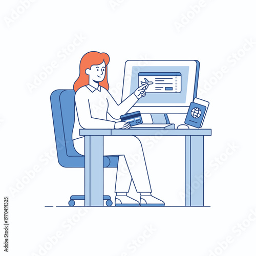 Woman booking travel tickets online with credit card and passport.