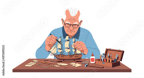 A senior gentleman with glasses and white hair meticulously works on the intricate rigging of a classic wooden model sailing ship at his brown workbench.