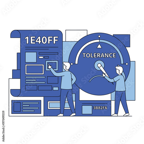 Two people interacting with a large tolerance gauge and data displays.
