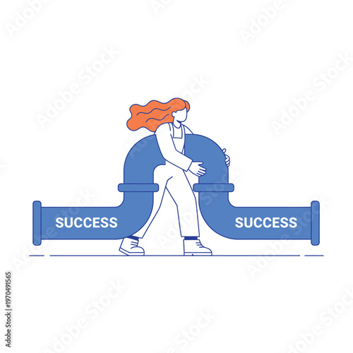 Woman Connecting Two Pipes Labeled Success.