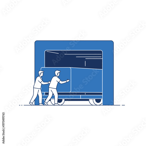 Two workers loading a large box onto a truck.