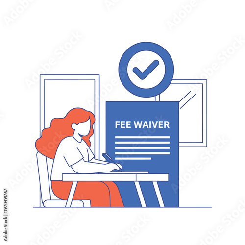 Woman filling out fee waiver form with approval checkmark.