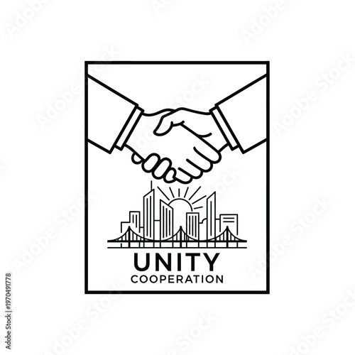 Unity Cooperation Handshake Over City Skyline Symbol.