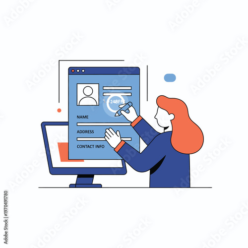 Woman filling out online form on computer screen.