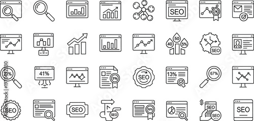 SEO analytics and digital marketing line icon set featuring search optimization data charts ranking strategy and web performance symbols