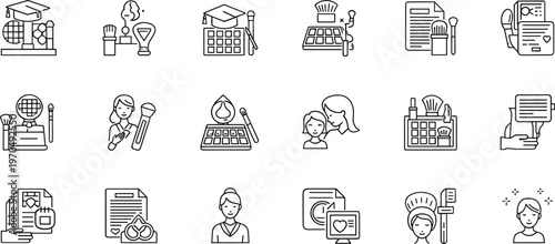 Beauty education and makeup training line icon set featuring cosmetics learning courses tutorials brushes and professional skills symbols