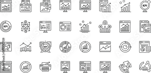 Business analytics and KPI dashboard line icon set featuring charts performance metrics data visualization and financial reporting symbols