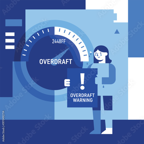 Woman holding overdraft warning sign near gauge.