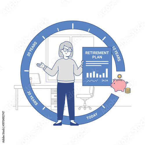 Woman holding retirement plan document in circular timeline graphic.