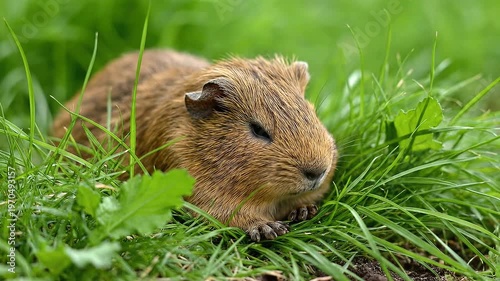 Cavy eating green grass outdoors.