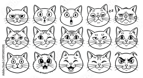Assortment of cat faces with varied expressions, including anger, surprise, joy, and sleepiness.