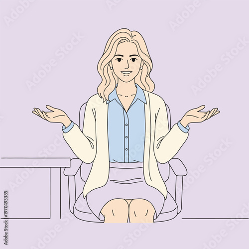 Woman sitting in office chair with open arms gesture.