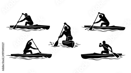 Group of kayakers paddling on a calm river in silhouette.