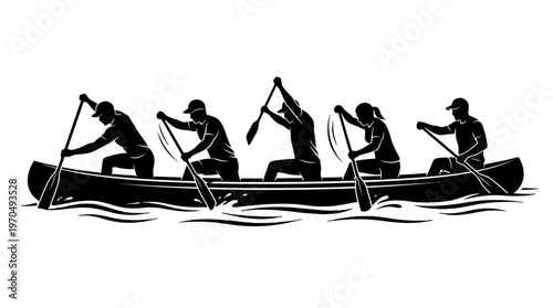 Six Person Canoe Team Paddling Together on a River.