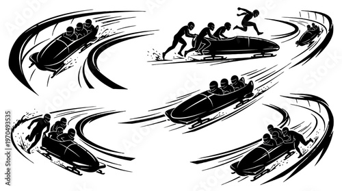 Thrilling whitewater rafting scene with multiple rafts racing downstream across rough water.