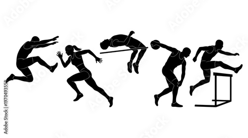 Group of athletes performing parkour and obstacle jumping over barriers during outdoor training session.