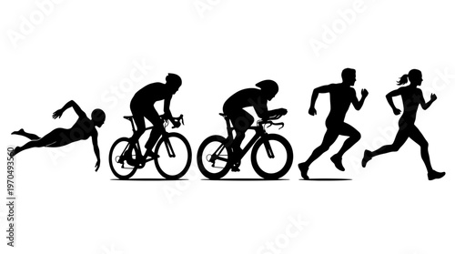 Dynamic silhouettes of athletes running and cycling in a sequential action scene.