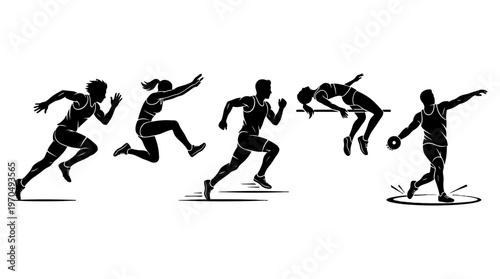 Sequence of Silhouetted Athletes in Motion Demonstrating Dynamic Running and Jumping Across a Line.