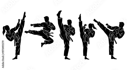 Silhouettes of people performing dynamic karate kicks in a group motion.