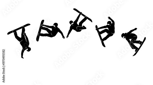 Group of athletes performing acrobatic jumps and stunts in midair silhouettes against a white background.