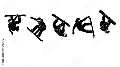 Dynamic silhouette sequence of skaters performing aerial tricks in motion.