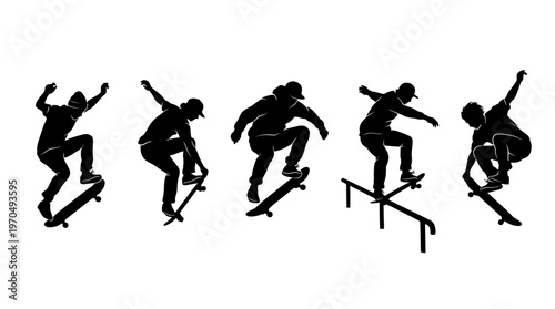 Silhouetted Skaters Performing Tricks on a Rail in an Urban Skatepark.