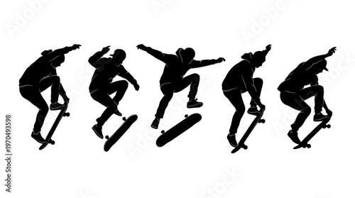 Silhouetted skateboarders performing tricks in a row sequence across a dynamic urban setting.