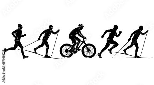 Silhouetted Group of Hikers and Cyclist on Outdoor Nordic Walking Trail.