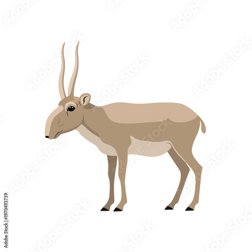 Clean vector illustration of a Saiga antelope, a unique endangered mammal with distinctive nose and long horns, isolated on a white background, symbolizing wildlife conservation