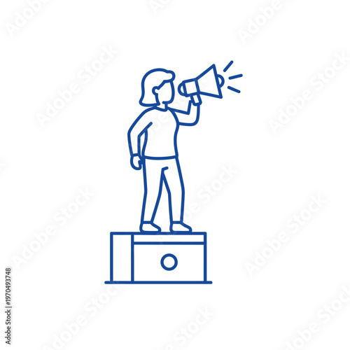 Woman with Megaphone Standing on Podium Announcing News.