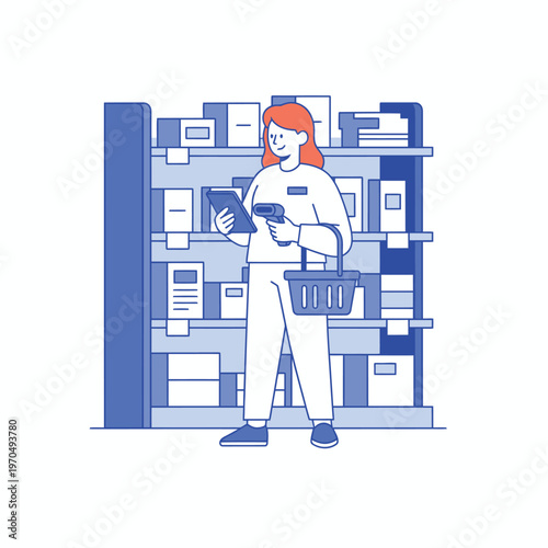 Woman with tablet and scanner in store aisle.