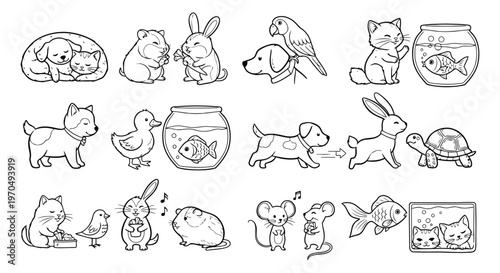 Black and white cute cartoon pet animals living together, happy doodle dogs, cats, hamsters, rabbits, and fish.