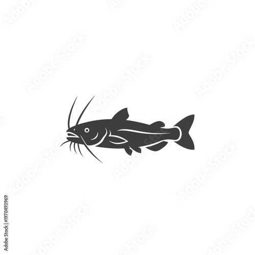 Elegant black catfish silhouette icon illustration, representing freshwater fish and aquatic wildlife, ideal for fishing design projects and web elements