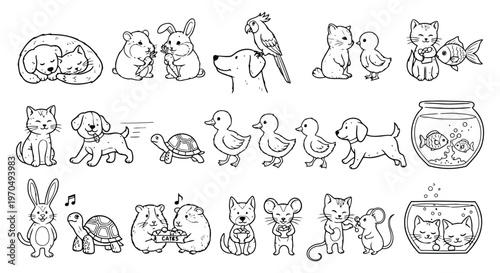 Black and white cute cartoon pet animals living together, happy doodle dogs, cats, hamsters, rabbits, and fish.