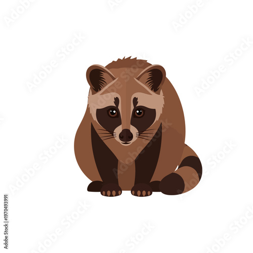 Cute illustrated raccoon sitting down, front view, isolated on white background, cartoon style, digital art