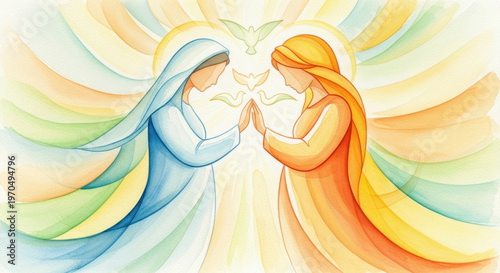 Mary Visiting Elizabeth: A Spiritual Encounter of Two Women Embracing Connection, Love, and Divine Inspiration in a Colorful, Ethereal Setting