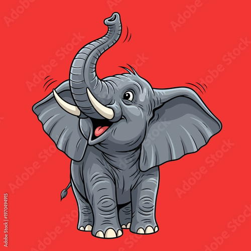 Gray cartoon elephant with tusks raised.