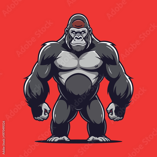 Muscular cartoon gorilla standing strong.