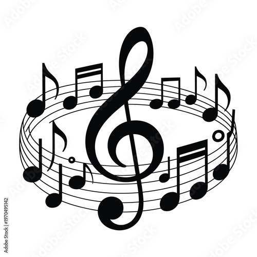 Musical notes and a treble clef arranged in a circular composition