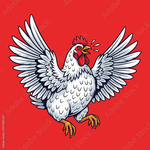 White Rooster With Spread Wings Angrily.