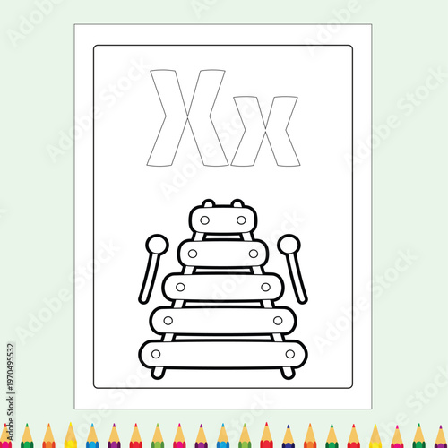 Black and white illustration of xylophone isolated on white background