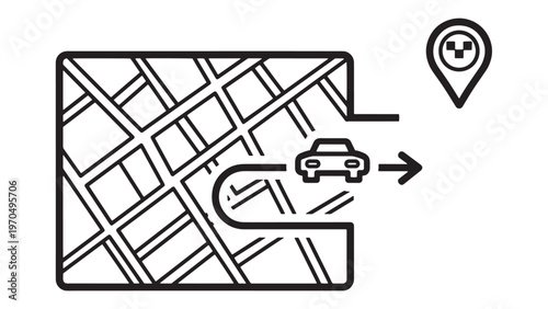 Online map navigation showing a car driving along a designated route to a taxi service pickup location pin, illustrating modern ride-sharing technology and urban transportation.