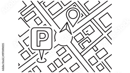 Modern urban city map illustration with navigation arrow, destination location pin, and designated parking area symbol, perfect for travel and transport concepts.
