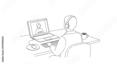 Person wearing headphones using laptop computer.