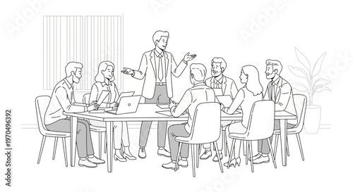 Business people sitting around meeting table.