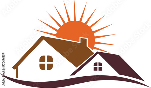 A modern real estate logo featuring two houses with a large rising sun in the background. The warm color palette and smooth shapes symbolize comfort, growth, and new beginnings, making it ideal for re