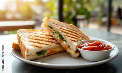 Grilled sandwich with ketchup on plate.