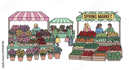 Vibrant spring market scene with fresh produce and blooming flowers.