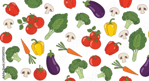 Colorful seamless pattern of fresh vegetables on a white background.