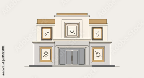 Elegant jewelry store facade with shimmering display windows, an upscale retail building.